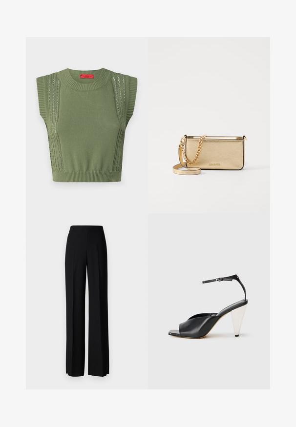 Trumpas rankovėmis, alyvuogių žalios spalvos megztinis su giliu apykaklės išraiža ir vertikaliu atviru raštu ant pečių. Tekstūruota megzto audinio detalė.; Juodi platūs kelnių kelnės su lygiu paviršiumi, turinčios aukštą liemenį ir centrinės raukšlės. Nėra matomų raštų ar metalinių detalių.; Juodos odinės aukštakulnės šlepetės su atvira nosimi, asimetrišku dizainu, kulkšnies dirželiu ir metaliniu kūgio formos kulnu. Visas paviršius lygus.; Metaliniu auksu padengtas odinis rankinukas su tekstūruotu paviršiumi, kuris turi auksinį grandinėlės dirželį ir nuimamą petį. Įspaustas prekės ženklas.