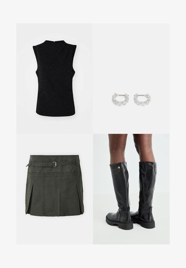 Fekete ujjatlan felső magas nyakkivágással, finom fénylő textúrával és aszimmetrikus kialakítással. Hátul zipzáros záródás.; Sötétzöld, pamut mini szoknya, formázott derékkal, övvel és elülső pliszékkel. Varrott részletekkel és klasszikus szabással rendelkezik.; Fekete, térd fölé érő bőr csizmák sima textúrával, lekerekített orral, vastag talppal és cipzáras záródással. Ezüst színű logó található az oldalon.; Ezüst karika fülbevalók, átlátszó, téglalap és háromszög alakú kristályokkal, mintás elrendezésben. Biztonságos rögzítést biztosító fülbevaló pálcikák.