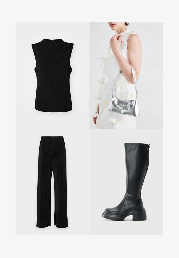 Juoda be rankovių aukšta kaklo palaidinė, turinti subtilų blizgesį ir asimetrišką dizainą. Uždarymas nugaroje su užtrauktuku.; Juodi plisuoti kelnės su elastine juosta. Turėkite plačias kojas ir glotnų, tekstūrinį audinį su vertikaliais dryžiais.; Ilgas juodos odinės batai su masyvi platforma ir stačiakampiu kulnu, turintys traukimo kilpą ir tekstūruotą pado raštą.; Sidabrinė metalinė rankinė su struktūrizuota forma, turinti viršutinę rankeną ir kaspiną priekyje. Lygi tekstūra, atspindinti apdaila.
