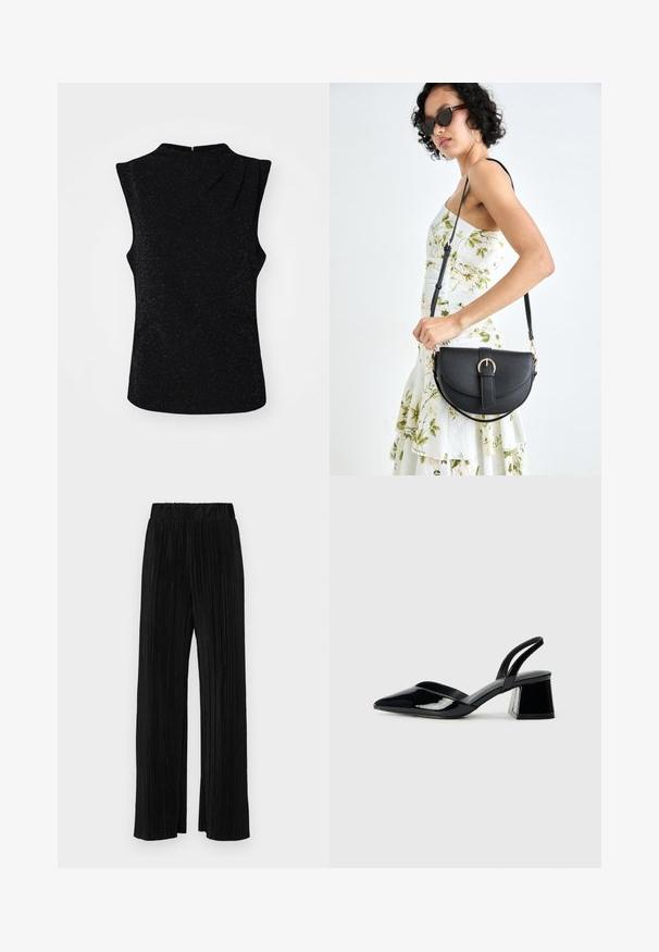Crna bezrukavna majica s visokom ovratnikom, koja ima suptilnu sjajnu teksturu i asimetričan dizajn. Zip zatvaranje na leđima.; Crne plisirane hlače s elastičnim pojasom. Imaju široke nogavice i glatku, teksturiranu tkaninu s vertikalnim prugama.; Crne lakirane kožne sandale s otvorenom petom i špicastim vrhom, s geometrijskom blok petom. Imaju elegantan, minimalistički dizajn i glatku teksturu.; Crna kožna torba s lukovitim oblikom, odvojivim remenom i zlatnim detaljima. Torba ima preklop s kopčom.