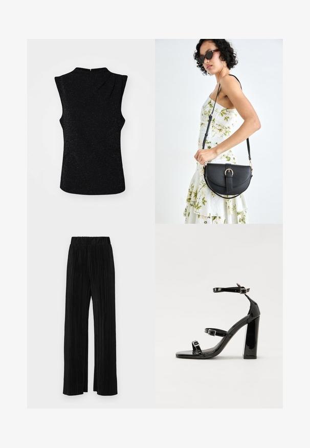 Czarny bezrękawnik z wysokim dekoltem, z subtelną fakturą połyskującą oraz asymetrycznym krojem. Zamek błyskawiczny z tyłu.; Czarne spodnie plisowane z elastycznym paskiem w talii. Posiadają szerokie nogawki oraz gładki, teksturowany materiał z pionowymi paskami.; Czarne lakierowane sandały na obcasie z kwadratowym noskiem, z paskami wokół kostki i srebrnymi klamrami. Posiadają masywny słupek dla stabilności.; Czarna skórzana torebka o zakrzywionym kształcie, z odpinanym paskiem i złotymi akcentami. Torebka posiada klapę z zapięciem w kształcie klamry.
