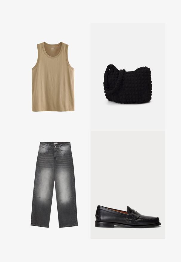 Next REGULAR FIT - Top - stone neutral; Široké černé džíny z denimu s vybledlým šedým povrchem, s předními kapsami, zapínáním na knoflík a mírným poškozením na kolenou.; Černé kožené mokasíny s kulatou špičkou, prošívanými detaily a dekorativním páskem přes přední část. Plochá podrážka s minimálním profilem.; Černá látková taška s texturovaným, prošívaným vzorem. Zaoblený tvar, krátké, silné uchy a měkká, flexibilní struktura.