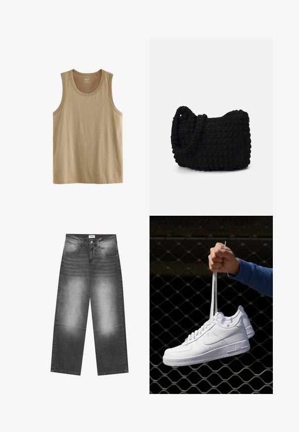 Next REGULAR FIT - Top - stone neutral; Široké černé džíny z denimu s vybledlým šedým povrchem, s předními kapsami, zapínáním na knoflík a mírným poškozením na kolenou.; Bílé kožené tenisky s perforacemi, kulatou špičkou, plochou podrážkou a silnými tkaničkami, které mají viditelné logo swoosh a nápis "AIR" na patě.; Černá látková taška s texturovaným, prošívaným vzorem. Zaoblený tvar, krátké, silné uchy a měkká, flexibilní struktura.