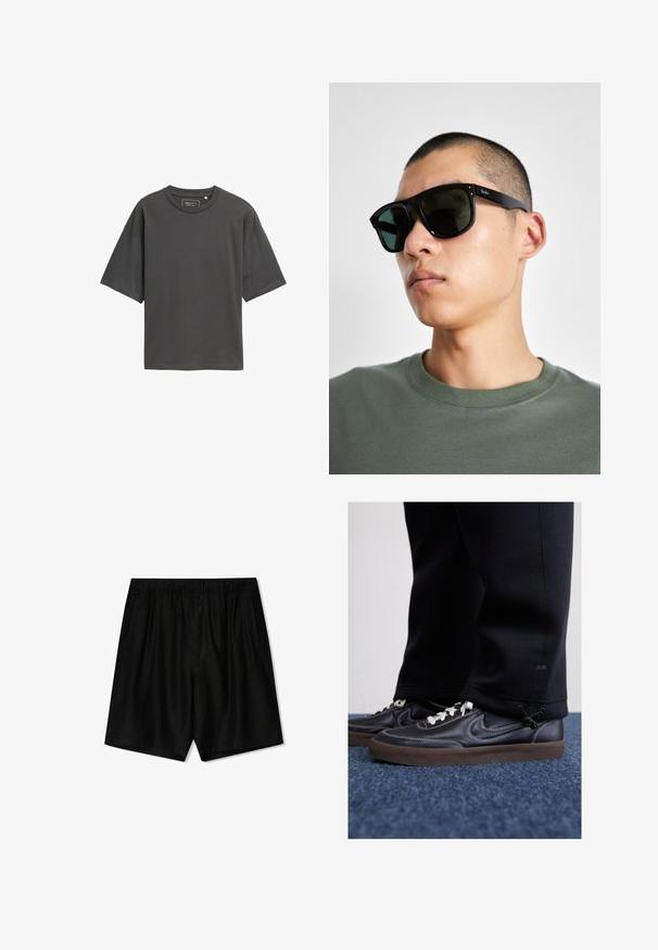 Sötét szürke, túlnyúló póló, sima pamutból készült. Kerek nyakkivágással, rövid ujjakkal és egyszerű, díszítetlen kivitelben. ; Fekete rövidnadrág rugalmas derékrésszel, két oldalzsebbel és laza fazonnal. Puha anyagból készült, sima tapintású.; Nike Sportswear KILLSHOT 2 LTR PRM OPP2 - Sportcipő - black sail baroque brown mtlc dk grey; Fekete, téglalap alakú napszemüveg sötét lencsékkel, jellegzetes formával és márkajelzéssel a szárán. Zöld inget viselő személynél.