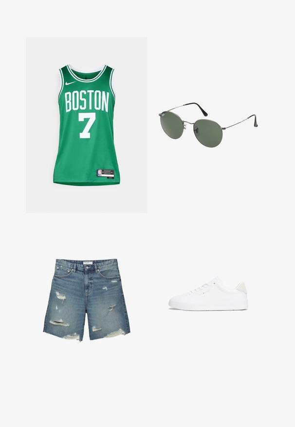 Grünes Basketball-Trikot mit weißen Buchstaben. Es zeigt "BOSTON" und die Nummer "7". Hergestellt aus atmungsaktivem Mesh-Material, mit Nike-Logo und Etikett.; Denim-Shorts in Hellblau mit abgeschnittenen Stellen. Sie verfügen über einen Standardbund, sind etwa knielang und haben einen ausgefransten Saum.; Weiße Sneaker mit einem Obermaterial aus glattem Leder, runder Zehenpartie, flacher Sohle und minimalistischem Design. Verfügt über dezentes Branding und einen beigen Akzent an der Ferse.; Metallgestellte Sonnenbrille mit ovalen grünen Gläsern. Dünner silberner Metallrahmen und schwarze Ohrstücke. Minimalistisches Design, keine sichtbaren Logos.