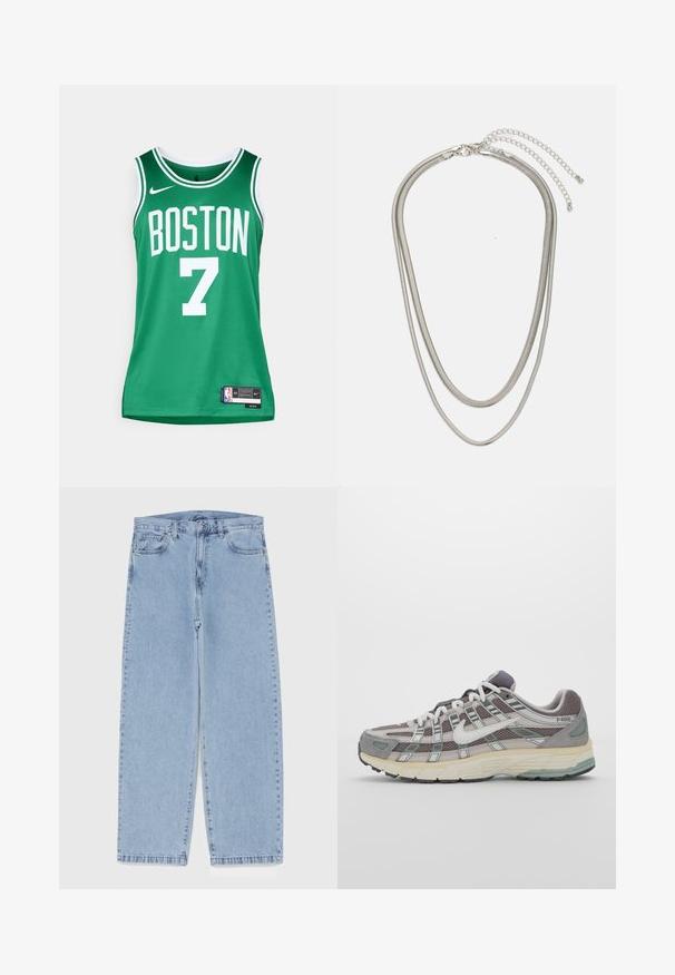 Maglia da basket verde con lettering bianco. Presenta la scritta "BOSTON" e il numero "7". Realizzata in materiale mesh traspirante, con logo e etichetta Nike.; Jeans in denim azzurro chiaro con design a gamba dritta, caratterizzati da una vita media, cinque tasche e chiusura con bottone e zip.; Scarpa sportiva grigia con tomaia in mesh e suede, dettagli bianchi, suola ammortizzata e un design distintivo con elementi riflettenti.; Collana in metallo argentato a tre strati caratterizzata da catene sottili e flessibili con una leggera lucentezza, fissata con un gancio a molla e una catena regolabile.