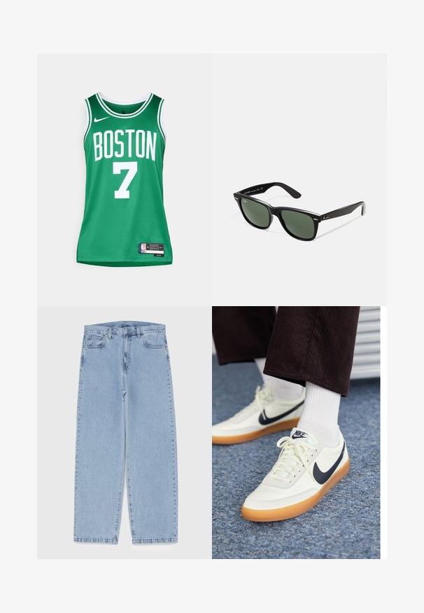 Maglia da basket verde con lettering bianco. Presenta la scritta "BOSTON" e il numero "7". Realizzata in materiale mesh traspirante, con logo e etichetta Nike.; Jeans in denim azzurro chiaro con design a gamba dritta, caratterizzati da una vita media, cinque tasche e chiusura con bottone e zip.; Sneakers Nike in pelle bianca con swoosh blu navy, dotate di suola in gomma e lacci bianchi, abbinate a calzini bianchi a mezze gambe e pantaloni di velluto a coste scuri.; Occhiali da sole in plastica nera con lenti verdi, montatura quadrata, dettaglio argento sulla parte superiore e steli con texture. Marchio indicato sulla parte interna dello stelo.