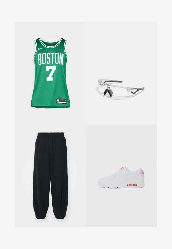 Maillot de basket-ball vert avec lettrage blanc. Affiche "BOSTON" et le numéro "7". Fabriqué en matériau en mesh respirant, avec un logo et une étiquette Nike.; Pantalons de survêtement noirs avec taille élastiquée, coupe ample, chevilles côtelées, texture lisse et sans motifs ni accents matériels visibles.; Baskets de sport blanches avec une tige lisse, un système de laçage, une semelle rembourrée et une unité d'air visible avec des accents rouges sur le logo.; Lunettes de sécurité transparentes avec une monture légère et transparente, et des accents gris. Dotées d'un design enveloppant et d'un nez ajustable.