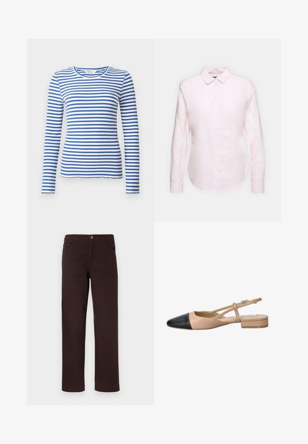 Blå og hvit stripete langermet topp med ribbet tekstur og rund halsringing, med jevnt fordelte horisontale striper.; Lyserød langærmet skjorte med knapkrave, der har en lige nederkant og blød tekstur, lavet af letvægts bomuldsstof.; Brune bomullsbukser med rett ben-design, to frontlommer og knappelukking i midjen. Glatt tekstur uten synlige mønstre.; Beige og svart to-farget slingback sko med spiss tå, flat hæl og krysset stroppe-detalj. Glatt lærtekstur.