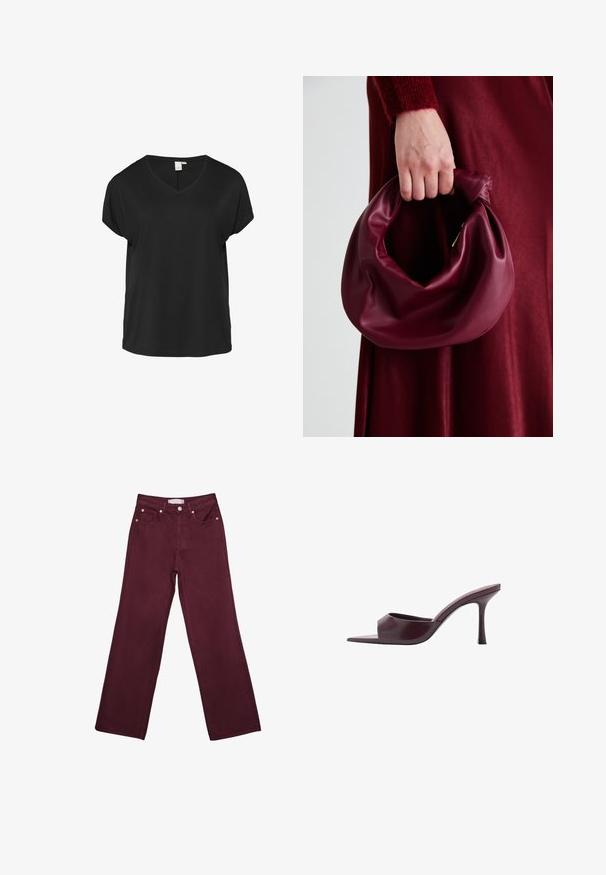 QS - T-shirt basic; Bordowe jeansy z wysokim stanem i prostymi nogawkami, z przednimi kieszeniami, zapięciem na guzik oraz mosiężnymi akcentami.; Bordowe mule na wysokim obcasie z kwadratowym noskiem, wykonane z gładkiej skóry. Posiadają elegancki, minimalistyczny design oraz zwężający się obcas.; Bordowa skórzana torebka o miękkim, marszczonym wyglądzie i zaokrąglonym kształcie. Uchwyt jest zabezpieczony, co podkreśla gładką fakturę.