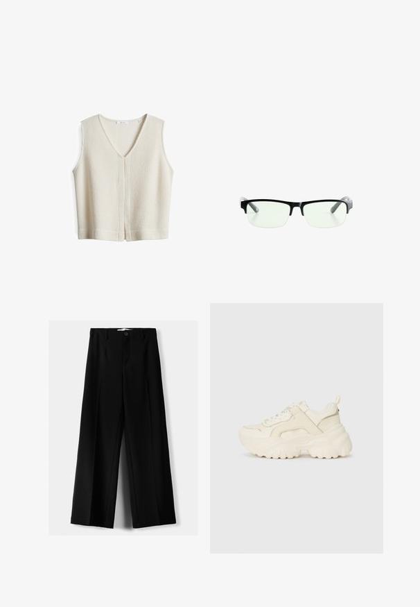 V-hals, mouwloos vest in off-white, ribbelstructuur. Voorzien van een naad aan de voorkant en zijsplitten aan de onderrand voor ventilatie. Gemaakt van zacht materiaal.; Zwarte wijde broek van lichtgewicht stof, met een knoopsluiting aan de voorkant en een vlakke achterkant, afgewerkt met keurig gestikte zoom.; Chunky sneakers in gebroken wit leer met een getextureerd paneel, dikke rubberen zool en vetersluiting aan de voorkant. Voorzien van een trekkoord aan de hiel.; Zwarte rechthoekige bril met heldere glazen, uitgerust met slanke zwarte monturen en grijs transparante pootjes. Minimalistisch ontwerp, geen zichtbare merknaam.
