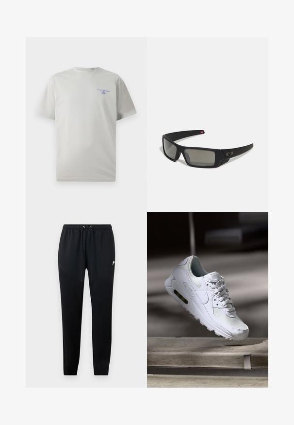 Lys grå bomulls t-skjorte med korte ermer, rund hals og en liten blå logo-tekst på venstre brystområde. Jevn tekstur.; Sorte joggebukser laget av myk stoff, med elastisk linning med snøring, avsmalnende ankler og en liten logodetalj på siden.; Hvit Nike Air Max 90 sneakers med øvre del laget av mesh og skinn, perforert tåboks og en synlig luftenhet i hælen.; Sorte solbriller med mat finish, rektangulære linser, lett kurv på brillestengene, diskret logo detaljer, og røyktinted linser.