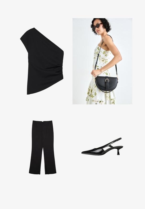 Sort top med én skulder lavet af strækbart stof, med en detaljeret ruched side og en asymmetrisk kant. Glat tekstur med let fald.; Sorte bukser med lige pasform, der har frontlommer og slidser i kanten. Lavet af blødt, glat stof. Velegnet til forskellige anledninger.; Sorte patentlæder slingback hæle med spids tå, udskåret sideskærm og en lille firkantet hæl. Glat tekstur med minimale detaljer.; Sort læderhåndtaske med en buet form, aftagelig rem og guldfinish. Tasken har en klap med en spænde detalje.