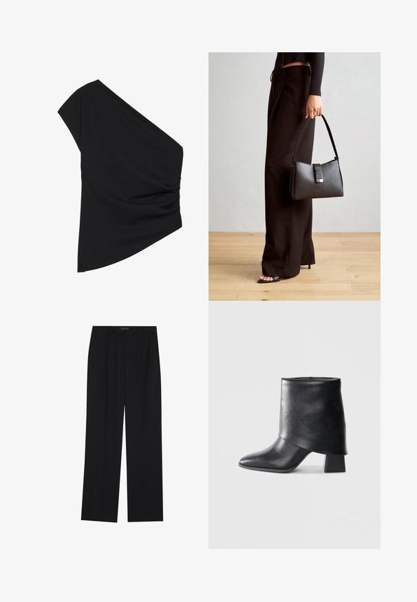 Juoda palaidinė su viena petneša, pagaminta iš tamprios medžiagos, su raukiniais šone ir asimetrine apatine dalimi. Lygi tekstūra, šiek tiek krentanti.; Juodos kelnes su tiesiomis sijonais, turinčios dvi priekinės kišenės ir juosmenį. Pagamintos iš lygios, lengvos medžiagos.; Juodos odinės kulkšnės botai su smailiu pirštu, lygiu paviršiumi ir standžiu blokiniu kulnu. Ypatybė - aukštas, sulankstytas užkulnis.; Juodas rankinė struktūrizuota forma, lygi tekstūra ir metalinis užsegimas. Suporuota su plačiomis juodomis kelnėmis ir atvirais bateliais ant medinių grindų.