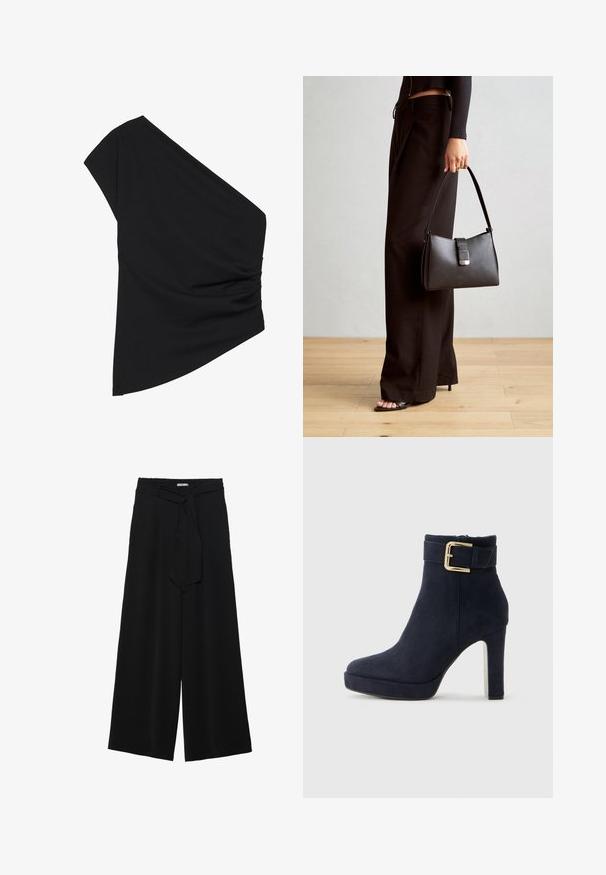 Top nero monospalla realizzato in tessuto elasticizzato, con dettagli arricciati sul lato e un orlo asimmetrico. Texture liscia con leggera caduta.; Pantaloni neri a gamba larga caratterizzati da un tessuto testurizzato, una vita elastica e una cintura staccabile per una vestibilità regolabile.; Stivale alla caviglia in suede nero con tacco a spillo, dotato di una fibbia dorata e un tacco massiccio, su sfondo bianco semplice.; Borsa nera con forma strutturata, texture liscia e una chiusura metallica. Abbinata a pantaloni neri larghi e sandali open-toe su un pavimento in legno.
