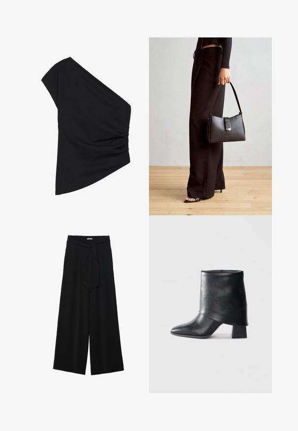 Top nero monospalla realizzato in tessuto elasticizzato, con dettagli arricciati sul lato e un orlo asimmetrico. Texture liscia con leggera caduta.; Pantaloni neri a gamba larga caratterizzati da un tessuto testurizzato, una vita elastica e una cintura staccabile per una vestibilità regolabile.; Stivale in pelle nera alla caviglia con punta affusolata, texture liscia e tacco a blocco strutturato. Presenta un design con risvolto alto.; Borsa nera con forma strutturata, texture liscia e una chiusura metallica. Abbinata a pantaloni neri larghi e sandali open-toe su un pavimento in legno.