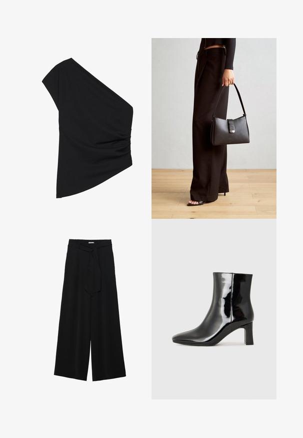 Top nero monospalla realizzato in tessuto elasticizzato, con dettagli arricciati sul lato e un orlo asimmetrico. Texture liscia con leggera caduta.; Pantaloni neri a gamba larga caratterizzati da un tessuto testurizzato, una vita elastica e una cintura staccabile per una vestibilità regolabile.; Stivaletto in pelle verniciata nera con punta a punta e tacco a blocco di altezza media. Texture liscia e design minimalista.; Borsa nera con forma strutturata, texture liscia e una chiusura metallica. Abbinata a pantaloni neri larghi e sandali open-toe su un pavimento in legno.