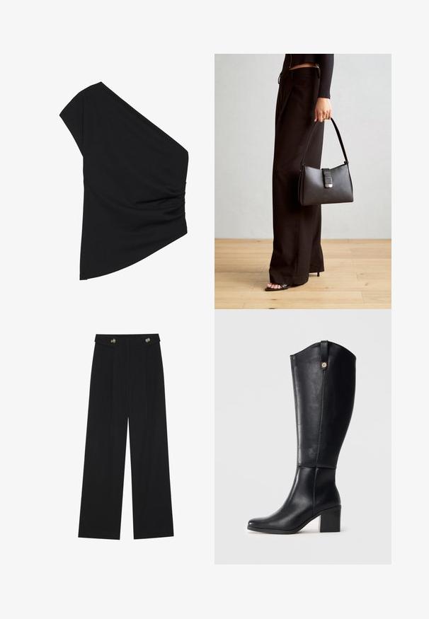 One-shoulder black top made of stretchy fabric, featuring a ruched side detail and an asymmetric hem. Smooth texture with slight drape.; Black wide-leg trousers with high waist, button details on waistband, and front pleats.; Black knee-high leather boots with a square toe and block heel. Features a side seam and a decorative metal accent at the top.; Black handbag with structured shape, smooth texture, and a metallic clasp. Paired with wide black pants and open-toe sandals on wooden floor.