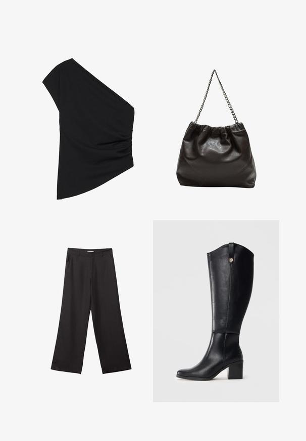 Sort top med én skulder lavet af strækbart stof, med en detaljeret ruched side og en asymmetrisk kant. Glat tekstur med let fald.; Sorte bukser med vidde, lavet af glat stof, med en frontlynlås og to sidelommer, i en skræddersyet pasform og minimalistisk design.; Sorte knæhøje læderstøvler med firkantet tå og blokhæl. Har en sidesøm og en dekorativ metalaccent øverst.; Brun lædertaske med en rynket top og en kædestrop. Glat tekstur med en blank finish og subtile sømdetaljer på siderne.