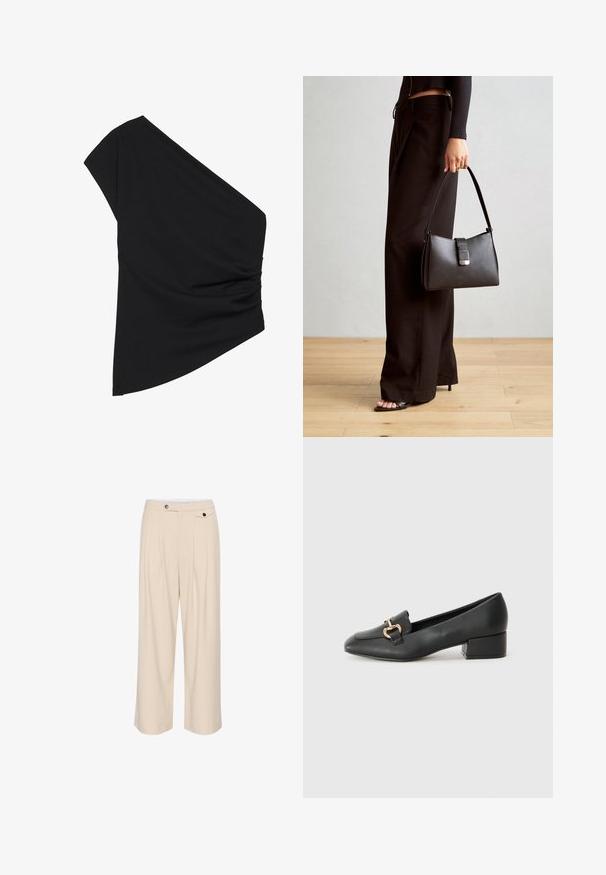Felső a váll egyik oldalán fekete színben, elasztikus anyagból, oldalain redőzött részlettel és aszimmetrikus szegéllyel. Sima tapintású, enyhén eséses.; Beige, laza szabású nadrág, lapos elülső résszel, két oldalsó zsebből, gombos zárással és pliszírozott részletekkel, amelyek extra textúrát és dizájnt adnak.; Fekete bőr loaferek lapos talppal, dekoratív arany hardware részlettel az elején és sima felülettel.; Fekete kézi táska strukturált formával, sima textúrával és fémből készült záródással. Széles fekete nadrággal és nyitott orrú szandállal párosítva, fából készült padlón.