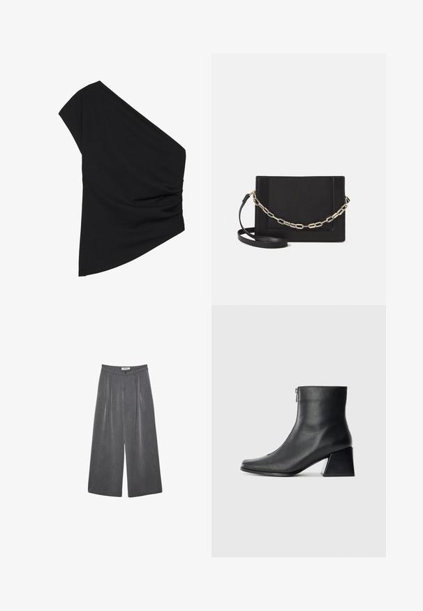 Sort top med én skulder lavet af strækbart stof, med en detaljeret ruched side og en asymmetrisk kant. Glat tekstur med let fald.; Plisserede vide bukser i en mørkegrå stof med en subtil tekstur. Har en knaplukning og et klassisk talje-design.; Sort læderankelstøvle med firkantet tå, lynlås på siden og blokhæl mod en ensfarvet lys baggrund.; Sort læder crossbody taske med en glat tekstur, rektangulær form og en metallisk kæde detalje foran. Justerbar skulderrem inkluderet.