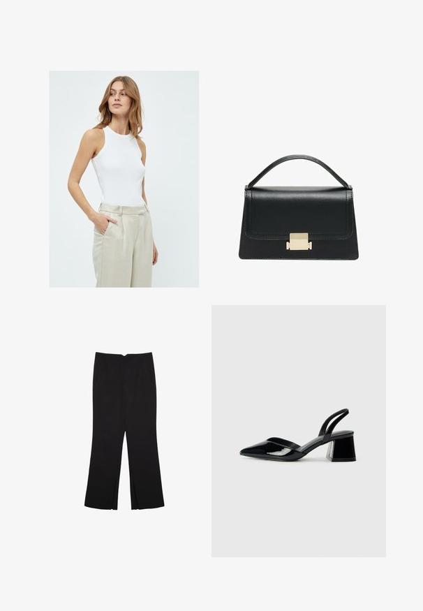 Hvid ærmeløs tanktop med en tætsiddende design, lavet af ribbet tekstil, parret med lysebeige, højtaljede linnedbukser.; Sorte bukser med lige pasform, der har frontlommer og slidser i kanten. Lavet af blødt, glat stof. Velegnet til forskellige anledninger.; Sorte patentlæder slingback hæle med spids tå og en geometrisk blok hæl. Har et elegant, minimalistisk design og en glat tekstur.; Sort læderhandtaske med et struktureret design, topbærerhåndtag og en detalje i guldfarvet metalklap på fronten. Glat tekstur, minimal syning.