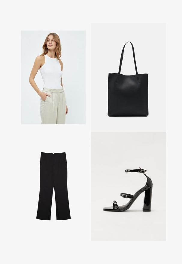 Biała bezrękawnikowa koszulka o dopasowanym kroju, wykonana z materiału w prążki, w połączeniu z jasnobeżowymi, wysokogatunkowymi spodniami lnianymi.; Czarne spodnie o prostym kroju, z przednimi kieszeniami i bocznymi rozcięciami na dole. Wykonane z miękkiego, gładkiego materiału. Odpowiednie na różne okazje.; Czarne lakierowane sandały na obcasie z kwadratowym noskiem, z paskami wokół kostki i srebrnymi klamrami. Posiadają masywny słupek dla stabilności.; Czarna skórzana torba tote o gładkiej fakturze, prostokątnym kształcie i dwóch długich uchwytach. Brak widocznych elementów metalowych i ozdób.