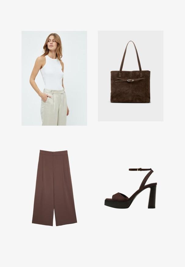 Weißes ärmelloses Tanktop mit figurnaher Passform, aus geripptem Stoff, kombiniert mit hellbeigen, hochgeschnittenen Leinenhosen.; Braune Weite-Leg-Hosen mit einer glatten Textur, hoher Taille und Vorderfalten. Der Stoff ist leicht und fällt locker.; Braune Wildleder-Pumps mit offenem Zeh, verstellbarem Knöchelriemen und gestreiftem Plateausohlen.; Braune Wildleder-Tote-Bag mit langen Griffen, flachem Körper und einem dekorativen Riemen mit silberfarbener Hardware.