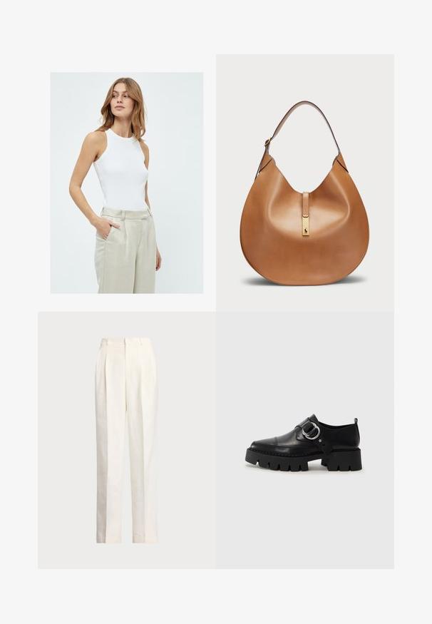 Balta bez piedurknēm tvertne ar pieguļošu dizainu, izgatavota no ribota tekstila, apvienota ar gaiši pelēkām, augstām lina biksēm.; Polo Ralph Lauren HEMP WIDE LEG PANT - Auduma bikses - nevis; Melni ādas apavi ar masīvu, rievojumu zoli, ar apaļu sudraba aksesuāru un minimālām šuvēm.; Tan krāsas ādas rokassoma ar izliekta formu un plašu plecu siksnu. Iekļauj zelta metāla akcentu centrā un vienmērīgu tekstūru.