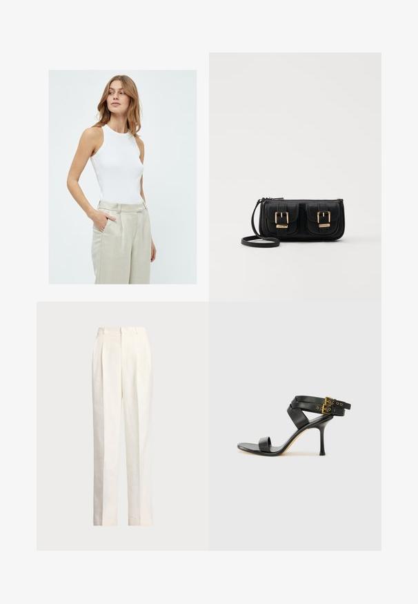Canotta bianca senza maniche con un design aderente, realizzata in tessuto a coste, abbinata a pantaloni in lino beige chiaro a vita alta.; Polo Ralph Lauren HEMP WIDE LEG PANT - Pantaloni - nevis; Sandal nero con tacco a spillo, straps incrociati e fibbia regolabile. Presenta una texture liscia e un tacco affusolato.; Borsa a tracolla nera in pelle con due tasche frontali, fibbie dorate, chiusura con zip e una tracolla sottile. Superficie texturizzata e forma rettangolare compatta.