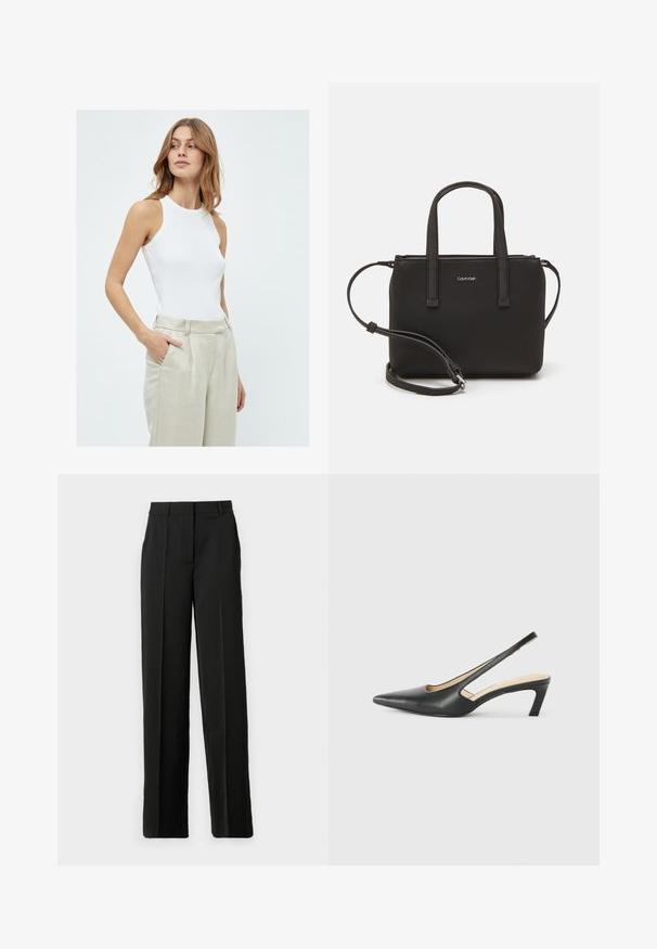 Valge ilma varrukateta tipp, mis on sobiva disainiga, valmistatud ribakujulisest kangast, kombinatsioonis heleda beeži kõrge vöökoha linane pükste paariga.; Mustad laiade säärega püksid siledast kangast, millel on lame eesmine osa, vöökonksud ja kohandatud lõige ilma taskuteta.; Must mustaga, terav varvas, madala kontsaga sildiga king, mis on valmistatud siledast nahast ja mille küljel on lõike disain hingavuse tagamiseks.; Musthave mustrans vöö ja eemaldatav õlarihm. Gludike nahk siledaga, millel on tõmblukk ja logo detail.