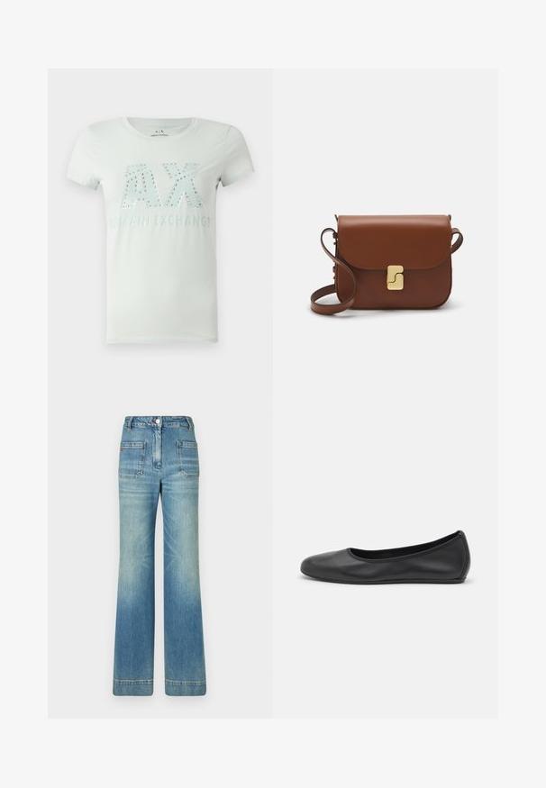 Lys mintgrøn t-shirt lavet af blødt stof, med "AX" logoet i rhinsten og teksten "ARMANI EXCHANGE" nedenfor i en blank finish.; Lyseblå denim flare jeans med fem lommer, bæltestropper, knaplukning og en let falmet overflade, med en rød logo-detalje på bagsiden.; Sort læderballetsko med rund tå, glat tekstur, minimal syning og et fleksibelt såldesign.; Brun læder håndtaske med flaplukning, hardware i gyldent tone, en skulderrem og en glat overflade. Kompakt rektangulær form.