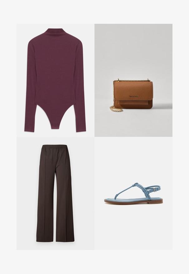 Burgunderfarbener Langarm-Body mit hohem Hals, aus weichem Stoff gefertigt, mit einem Tanga-Ausschnitt am unteren Ende und eng anliegenden Ärmeln.; Weite Hosen aus dunkelbraunem Stoff mit einem elastischen Taillenbund, die eine glatte Textur und klare Linien für einen eleganten Look aufweisen.; Blaue Leder-Zehensandale mit flacher Sohle, die über ein schlankes Riemendesign und einen Schnallenverschluss am Knöchel für einen sicheren Sitz verfügt.; Braune strukturierte Ledertasche mit goldener Kettenriemen und Klappenverschluss. Die Vorderseite zeigt ein Logo-Detail und eine Tasche unter der Klappe.