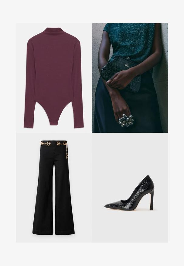 Burgundi spalvos bodysuit su ilgomis rankovėmis ir aukštu kaklu, pagamintas iš minkštos medžiagos, su thong tipo apatine dalimi ir prigludusiomis rankovėmis.; Juodi plačiakojai kelnės, pagamintos iš medvilnės, su auksiniais apvaliais aksesuarais ir grandinės detale ant juosmens. Lygi tekstūra, švarus pjūvis.; Juoda smailiakulnė aukšto kulno bateliai su krokodilo odos tekstūra, pasižymintys elegantišku dizainu, aukštu stiletu kulnu ir lygia juoda vidine dalimi.; Juodas krokodilo odos rašto vakarėlis su sidabriniais aksesuarais, laikomas prieš tekstūruotą pilką foną. Pasižymi blizgiu paviršiumi.