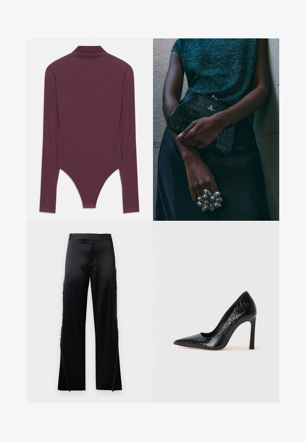 Burgundy long-sleeve bodysuit with a high neck, made of soft fabric, featuring a thong cut at the bottom and fitted sleeves.; Black satin pants with wide legs, featuring fringe details along the side seams and a flat front waistband. Plain back without pockets.; Black pointed-toe high heel shoe with a crocodile-skin texture, featuring a sleek design, high stiletto heel, and smooth black interior.; Black crocodile-patterned clutch bag with silver hardware, held against a textured gray background. Features a shiny surface.