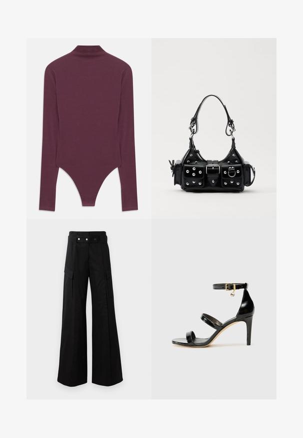 Burgundy langærmet bodysuit med høj hals, lavet af blødt stof, med en tanga skæring i bunden og tætsiddende ærmer.; Sorte brede bukser med høj talje, som har store sidelommer, to forreste knapper og en løkke-detalje. Lavet af holdbart materiale.; Sorte patenterede lædersandaler med tre stropper, ankelspænde og 10 cm stiletthæl. Har detaljer i guld og et logo charms.; Sort læderhåndtaske med et buet design, prydet med sølvfarvede nitter, en spænde og to sidelommer. Justerbar rem til forskellige bære muligheder.