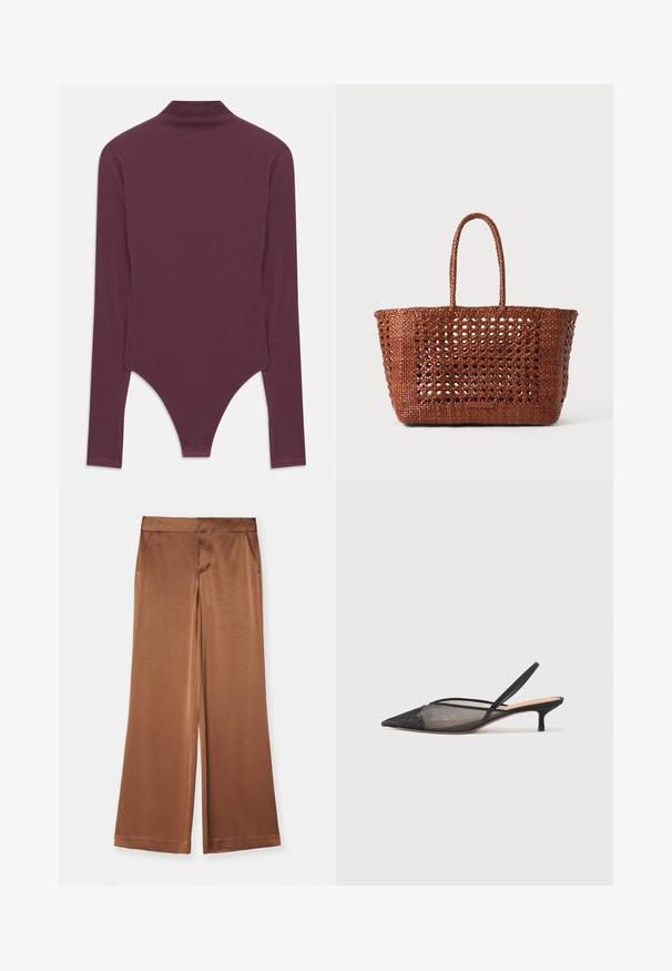 Burgundy langærmet bodysuit med høj hals, lavet af blødt stof, med en tanga skæring i bunden og tætsiddende ærmer.; Brune brede bukser lavet af satin, med sidelommer, en glat tekstur og en skræddersyet talje for en struktureret pasform.; NEOUS IRENA - Pumps - black; Vævet brun tote taske med et åbent mønster, rektangulær form og to flettede håndtag. Har en solid bund for støtte.