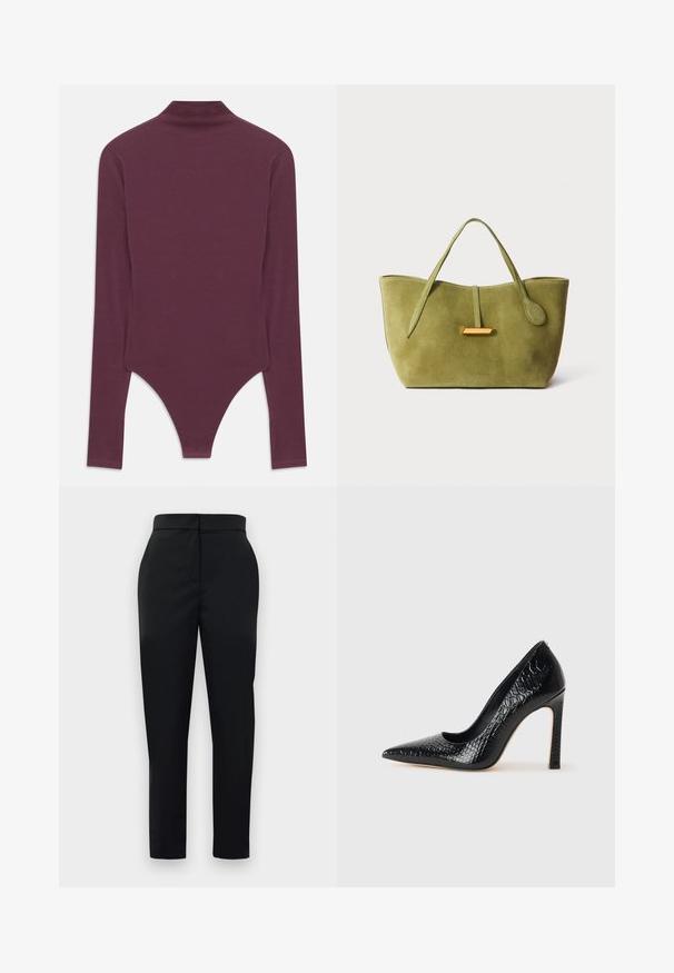 Burgundy langærmet bodysuit med høj hals, lavet af blødt stof, med en tanga skæring i bunden og tætsiddende ærmer.; Sorte skræddersyede bukser med en glat tekstur, lige pasform og frontlynlås. Har et minimalistisk design og rene linjer.; Sorte spidse tå stiletto-sko i krokodilleskind med et strømlinet design, høj hæl og glat sort inderside.; Grøn ruskinds taske med en struktureret form, forlængede håndtag og et guld accent. Glat tekstur, minimalistisk design, mangler synligt hardware.