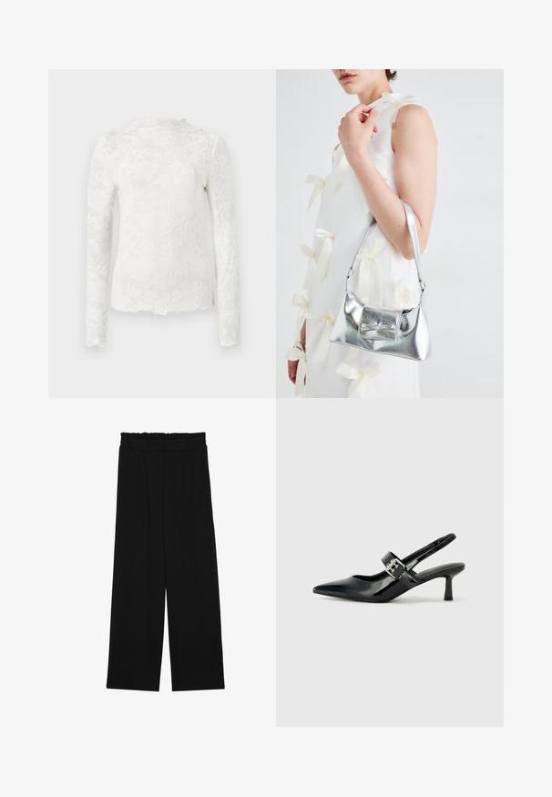 Biała bluzka z długim rękawem o wysokim dekolcie, z delikatnym kwiatowym wzorem koronkowym i falbaniastym dołem.; Czarne spodnie typu wide-leg z falbaną w pasie, z dwoma bocznymi kieszeniami i gładkim, lekkim materiałem. Brak widocznych wzorów lub elementów metalowych.; Czarne lakierowane szpilki slingback z wąskim noskiem i małym słupkiem, z ozdobnym srebrnym klamrą na pasku.; Srebrna metaliczna torebka o strukturalnym kształcie, wyposażona w górną rączkę i detal w postaci kokardy z przodu. Gładka tekstura, odbijające światło wykończenie.