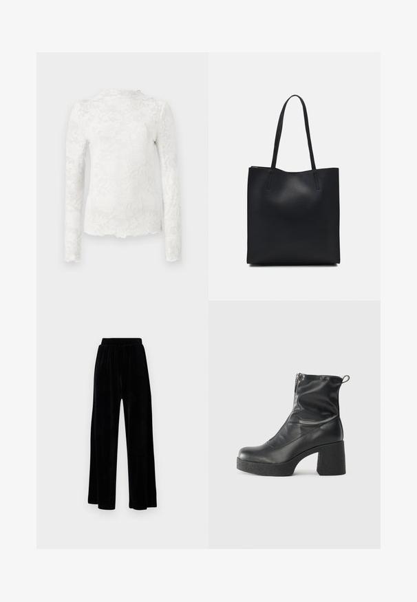 Biała bluzka z długim rękawem o wysokim dekolcie, z delikatnym kwiatowym wzorem koronkowym i falbaniastym dołem.; Czarne spodnie z szerokimi nogawkami wykonane z miękkiego weluru, z elastycznym pasem i gładką fakturą, bez widocznych detali czy wzorów.; Czarne botki za kostkę wykonane z gładkiej skóry, wyposażone w boczny zamek błyskawiczny, masywny teksturowany obcas oraz zaokrąglony czubek.; Czarna skórzana torba tote o gładkiej fakturze, prostokątnym kształcie i dwóch długich uchwytach. Brak widocznych elementów metalowych i ozdób.
