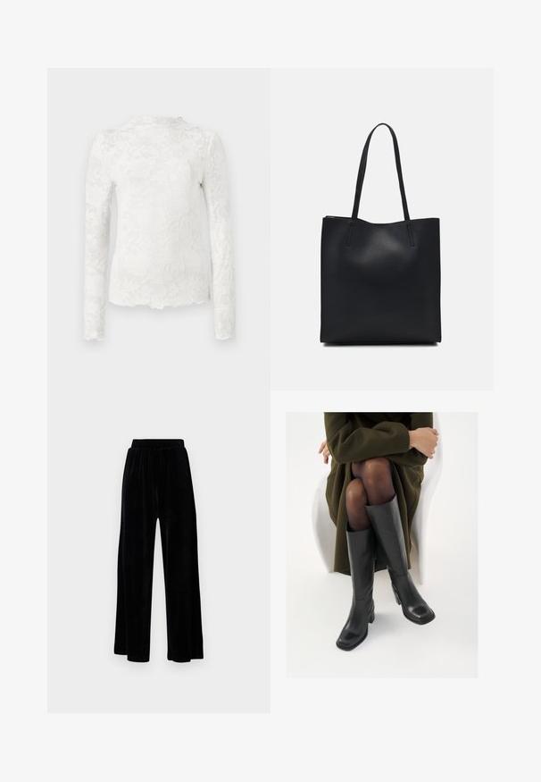 Hvit langermet topp med høy hals, med et subtilt blomstrete blondermønster og bølget kant.; Sorte vide bukser laget av myk vernet, med elastisk midjebånd og en jevn tekstur, uten synlige detaljer eller mønstre.; Knæhøye sorte lærstøvler med firkantet tå og blokkhelt, vist med en modell som sitter iført en olivengrønn kåpe. Glatt tekstur, minimal detaljering.; Svart lær tote bag med glatt tekstur, rektangulær form og to lange håndtak. Ingen synlige deler eller dekorasjoner.