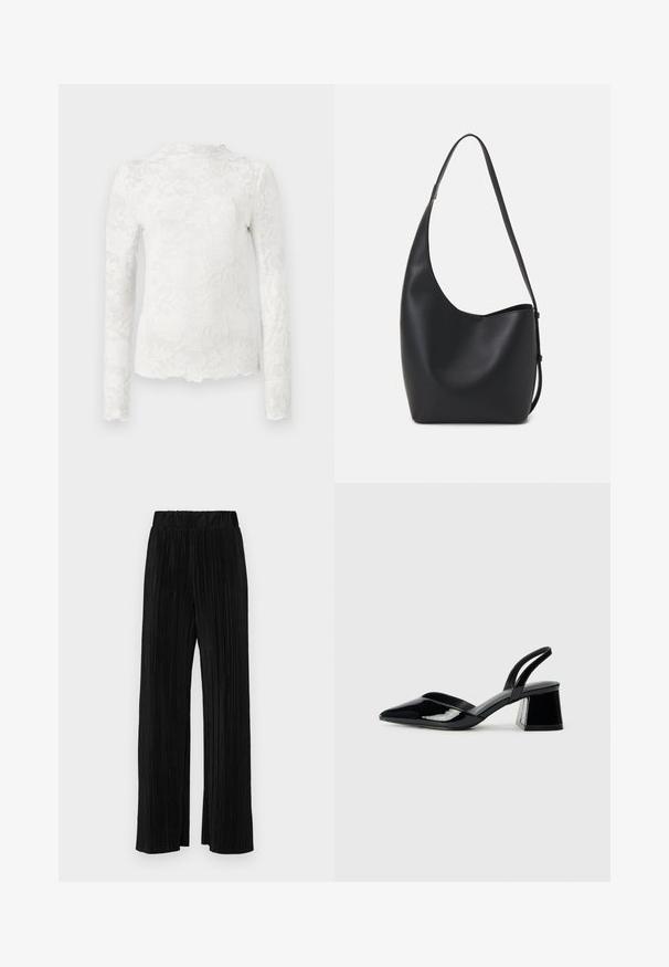 Weißes Langarmoberteil mit hohem Kragen, das ein dezentes florales Spitzenmuster und einen gewellten Saum aufweist.; Schwarze plissierte Hose mit elastischem Bund. Verfügt über weite Hosenbeine und einen glatten, strukturierten Stoff mit vertikalen Streifen.; Schwarze Lackleder-Slingback-High Heels mit spitzem Schuh und einem geometrischen Blockabsatz. Verfügt über ein schlankes, minimalistisches Design und eine glatte Textur.; Schwarze Leder-Hobo-Tasche mit einer glatten Textur, geschwungener Form und einem einzelnen verstellbaren Tragegurt; verfügt über eine weite Öffnung am oberen Ende.