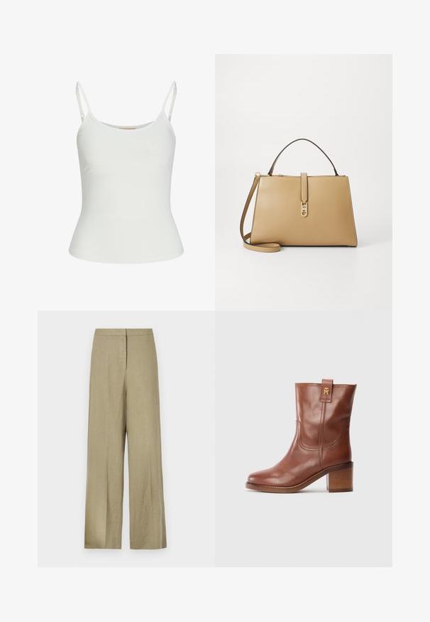 White sleeveless top with adjustable straps, fitted design, smooth fabric texture, and a round neckline. No patterns or hardware details.; Light green, wide-leg trousers made from linen. Features a high waist and clean front design with a single pleat.; Brown leather mid-calf boot with block heel and gold logo tab on side, shown in profile on a white background.; Tommy Hilfiger LIBRE SATCHEL - Handbag - safari; Gold necklace featuring a delicate chain and a round pendant adorned with small, embedded gemstones, enhancing its radiant appearance.
