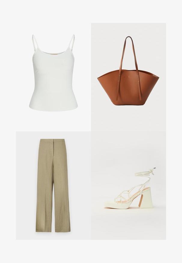 Hvit ermeløs topp med justerbare stropper, tettsittende design, glatt tekstur, og rund hals. Ingen mønstre eller detaljer i maskinvare.; Lys grønne, vide bukser laget av lin. Har høy midje og ren frontdesign med en enkelt folder.; Hvit høyhælte sandal med kraftig hæl, med en stroppe-design og ankelbånd. Glatt tekstur med plattform foran for ekstra høyde.; Brun skinn totebag med en bred, strukturert form, tynne håndtak og en teksturert overflate. Har et minimalistisk design uten synlige detaljer.