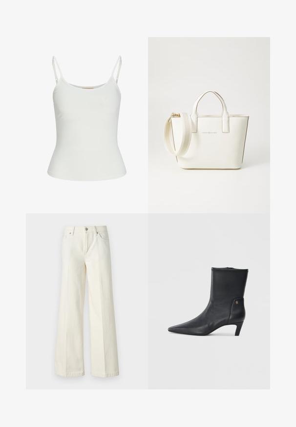 Top branco sem mangas com alças ajustáveis, design ajustado, textura de tecido suave e decote redondo. Sem padrões ou detalhes de metal.; Calças jeans brancas de perna larga, feitas de tecido de algodão misto. Apresentam fecho de correr, design de cinco bolsos e costura ao longo das costuras.; Botas de tornozelo em couro preto com bico pontiagudo e salto baixo. Apresenta uma textura suave e um pequeno detalhe em logotipo dourado de um lado.; Bolsa de mão em imitação de couro branco, com alças curtas, alça de ombro ajustável e acabamentos em tom dourado; apresenta um logo discreto na parte da frente.