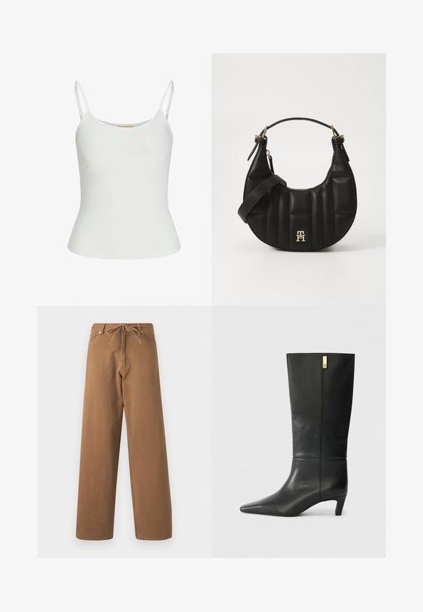 Hvit ermeløs topp med justerbare stropper, tettsittende design, glatt tekstur, og rund hals. Ingen mønstre eller detaljer i maskinvare.; Brune brede bukser laget av bomull, med snor i midjen og to fron lommer. Teksturert stoff med en glatt overflate.; Sorte lærknæhøje støvler med spids tå og en lille hæl. Har et strømlinet design med en gylden accentdetalje. Glat tekstur.; Svart skinnhåndveske med en buet form, kviltet tekstur og gullhardware. Har en avtagbar skulderrem og logo-detaljer.
