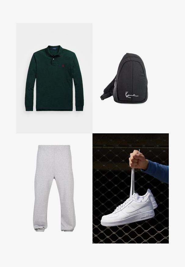 Long-sleeve polo shirt in dark green cotton, featuring a collared neckline, two buttons, and a small red logo on the left chest.; Gray sweatpants made of cotton blend, featuring an elastic waistband, tapered legs, and cuffed hems. Simple design with no patterns.; White leather sneakers with perforations, round toe, flat sole, and thick laces, featuring a visible swoosh logo and "AIR" on the heel.; Black fabric sling backpack with a smooth texture, featuring a curved design, zippered compartment, and a white logo on the front.