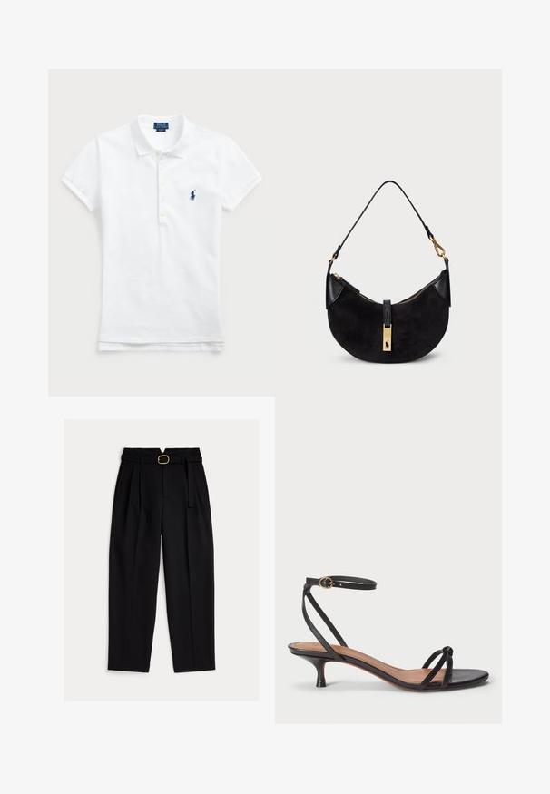 White cotton polo shirt featuring a classic collar, short sleeves, and a navy blue embroidered logo on the left chest. Five-button placket.; Black, high-waisted trousers with a belted waist, pleated front, and wide-leg design. Made of smooth fabric with a classic cut.; Polo Ralph Lauren LEATHER KITTEN-HEEL SANDAL - Classic heels - black; Black handbag with a curved shape, made of suede and leather, featuring a gold-tone zipper and a logo detail. Includes a short handle.