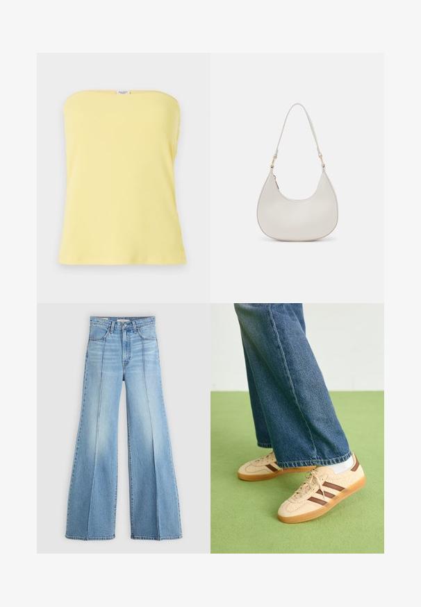 Žuta rebrasta top bez naramenica s uskim dizajnom. Sadrži dugmadi akcenti sa strane, glatku teksturu i ravni dekolte.; Svijetlo plave visokodžepne traperice širokih nogavica, s prednjim i stražnjim džepovima, petljama za remen i vertikalnim šavovima na prednjoj strani.; Bež tenisice s teksturiranim kremastim panelima i smeškim prugama, u kombinaciji s plavim trapericama. Traperice imaju široke nogavice i poderane rubove.; Krem torba za rame u obliku polumjeseca, sa tankim remenom i suptilnim detaljem šavova. Minimalistički dizajn s akcentima od zlatnog tona.