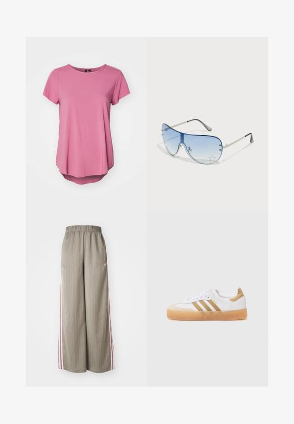 Rózsaszín, rövid ujjú póló kerek nyakkivágással, laza szabással és enyhén hosszabb hátsó szegéllyel. Puha, sima anyagból készült.; Világos olíva zöld, széles szárú nadrág, függőleges csíkokkal, rugalmas derékkal és rózsaszín oldalsávokkal. Az oldalon egy kis logó található.; Fehér sneaker bézs akcentusokkal, három csíkkal, lekerekített orral és átlátszó gumitalppal. Simas bőr és textil anyagok.; Pilóta napszemüveg, melynek áttetsző kék lencséje, ezüst fém kerete és díszes csillag díszítések találhatók a lencsén. Simogató és elegáns dizájn.